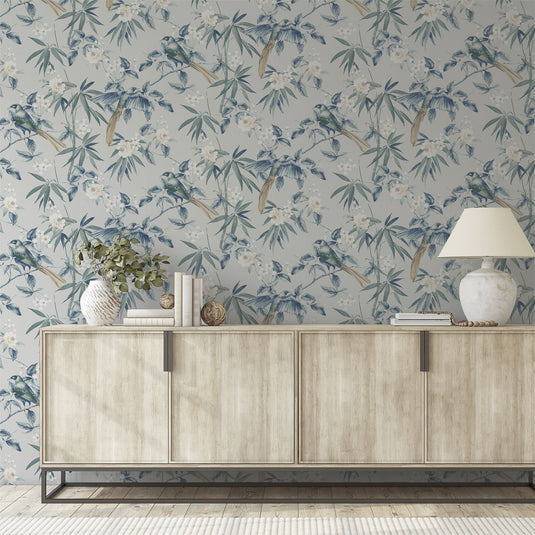 Oriental Floral Birds Grey/Blue Wallpaper