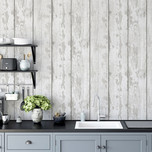 Metallic Washed Wood Grey/Silver Wallpaper