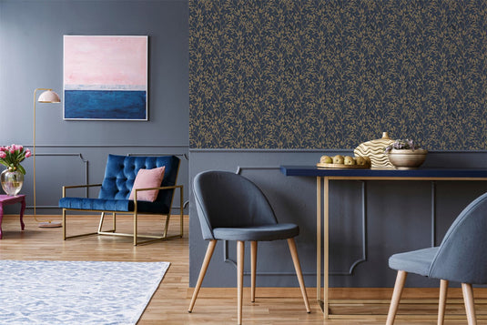 Botanica Leaf Navy & Gold Wallpaper