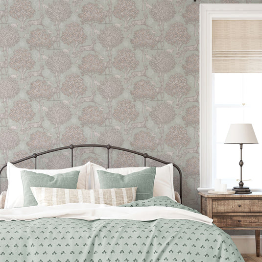 Woodland Scene Sage Green Wallpaper