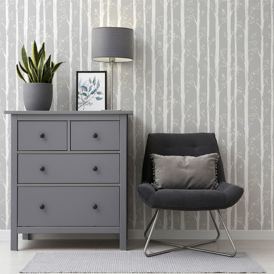 Pretty Trees Ochre/Grey Wallpaper