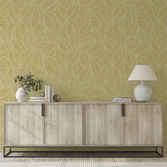 Leaf Lines Ochre Wallpaper