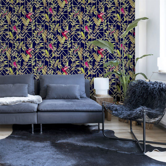 Deco Tropical Navy/Gold Wallpaper