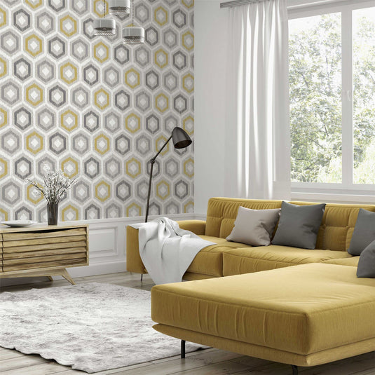 Ikat Geo Ochre & Grey Wallpaper