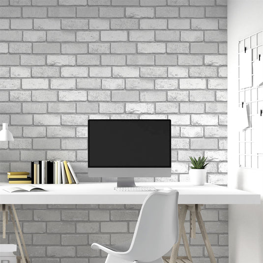 Metallic Brick White/Silver Wallpaper