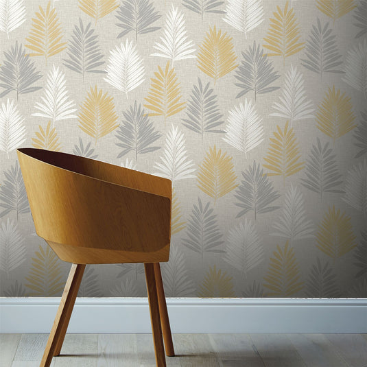 Linen Palm Ochre/Grey Wallpaper