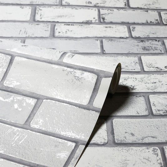 Metallic Brick White/Silver Wallpaper