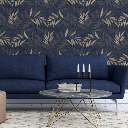 Luxury Leaf Navy Champagne Wallpaper