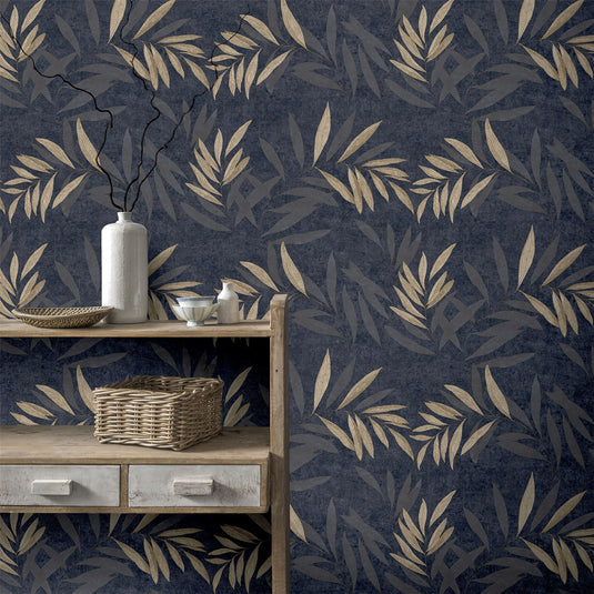 Luxury Leaf Navy Champagne Wallpaper