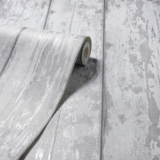 Metallic Washed Wood Grey/Silver Wallpaper