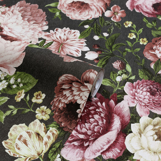 Tapestry Floral Charcoal/Pink Wallpaper