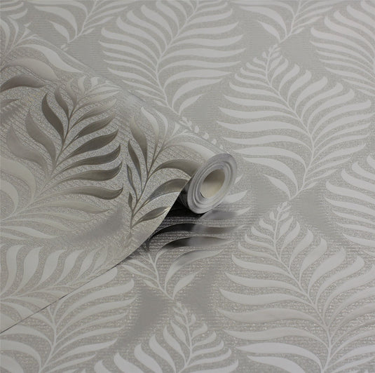 Foil Embossed Leaf Silver Wallpaper