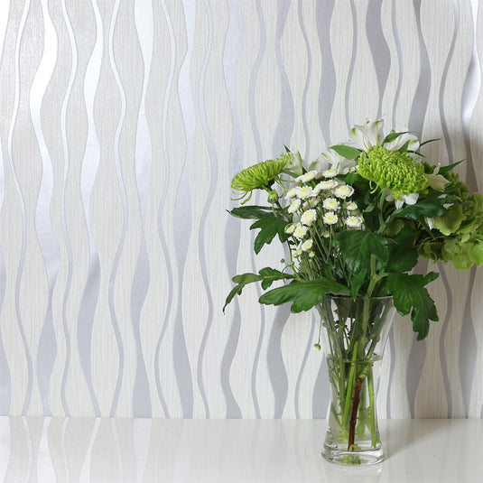 Metallic Wave White/Silver Wallpaper