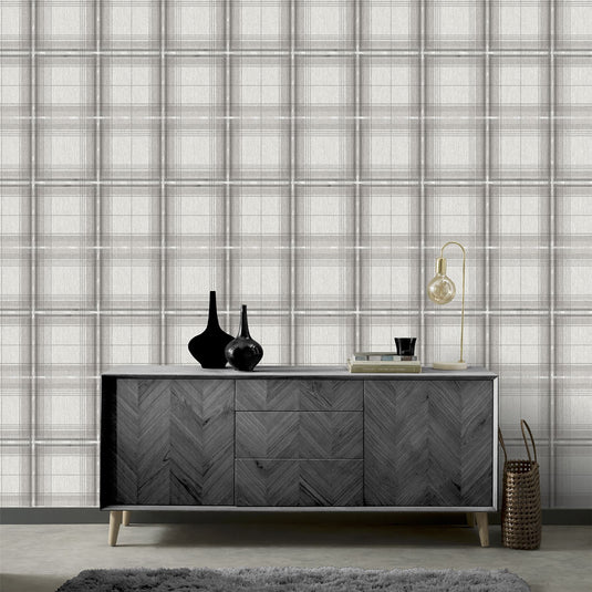 Woven Check Grey/White Wallpaper