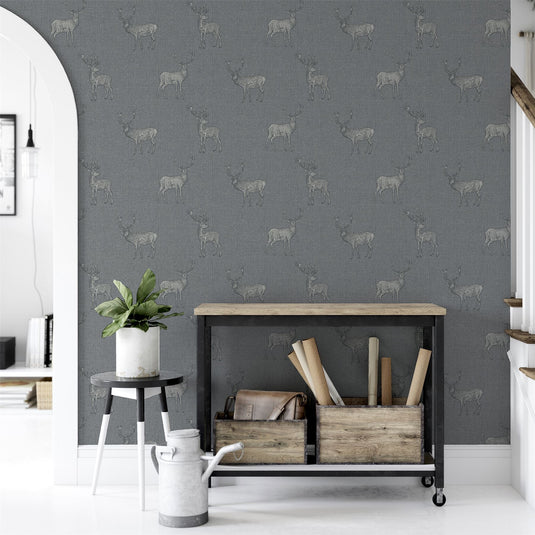 Heritage Stag Grey/Silver Wallpaper