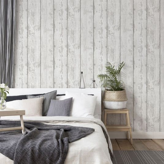 Metallic Washed Wood Grey/Silver Wallpaper