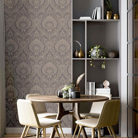 Luxe Damask Chocolate Rose Gold Wallpaper