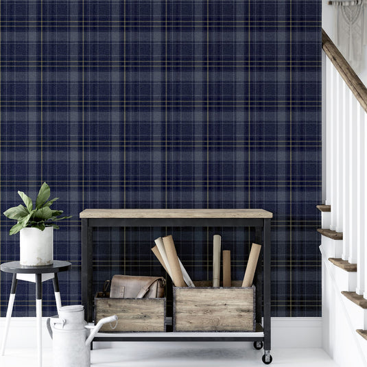 Twilled Plaid Navy/Gold Wallpaper