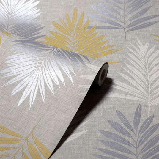 Linen Palm Ochre/Grey Wallpaper