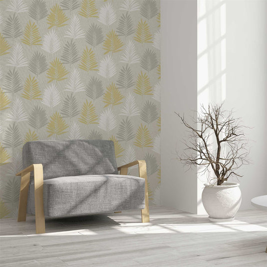 Linen Palm Ochre/Grey Wallpaper