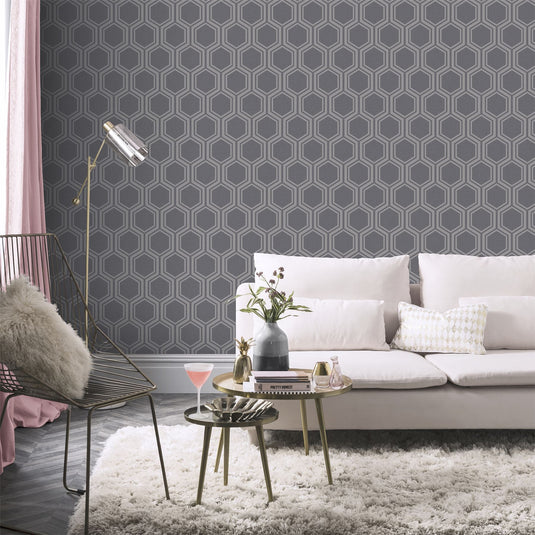 Luxe Hexagon Gunmetal Silver Wallpaper