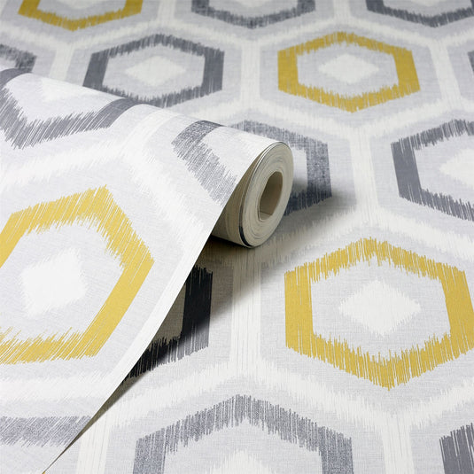 Ikat Geo Ochre & Grey Wallpaper