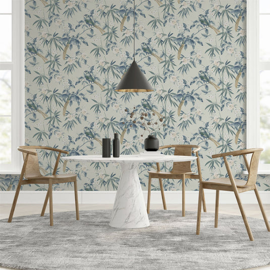 Oriental Floral Birds Grey/Blue Wallpaper