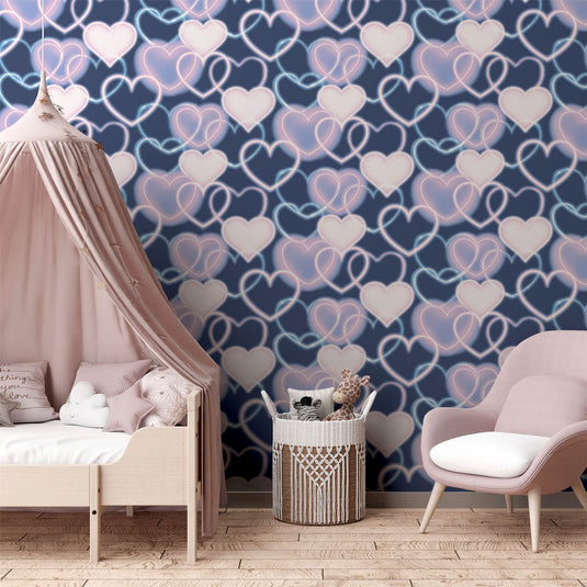 Neon Heart Wall Navy Pink Wallpaper