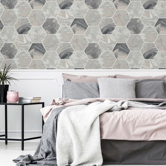 Marbled Hex Charcoal/Rose Gold Wallpaper