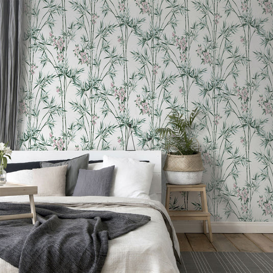 Bamboo & Blossom White Wallpaper