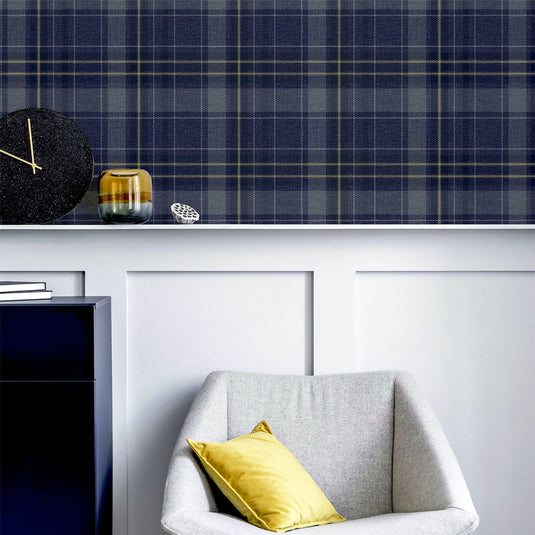 Twilled Plaid Navy/Gold Wallpaper