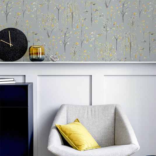 Watercolour Tree Grey/Ochre Wallpaper