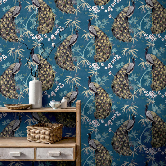 Opulent Peacock Teal & Gold Wallpaper