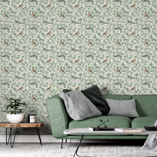 Birds & Blossoms Green Wallpaper