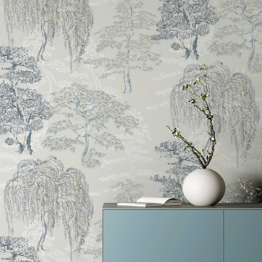 Oriental Garden Soft Blue Wallpaper