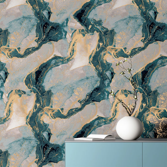 Abstract Marble Teal/Gold Wallpaper