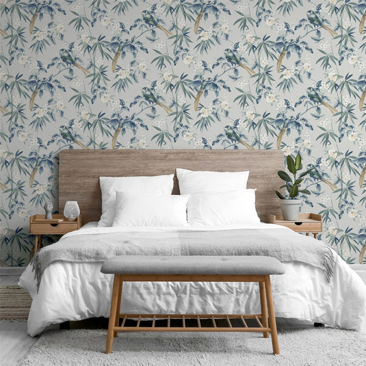 Oriental Floral Birds Grey/Blue Wallpaper