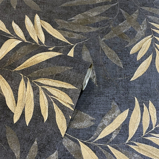 Luxury Leaf Navy Champagne Wallpaper