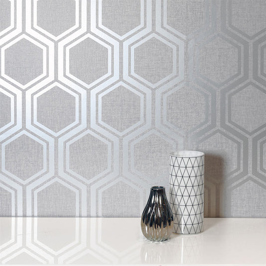 Luxe Hexagon Silver Wallpaper