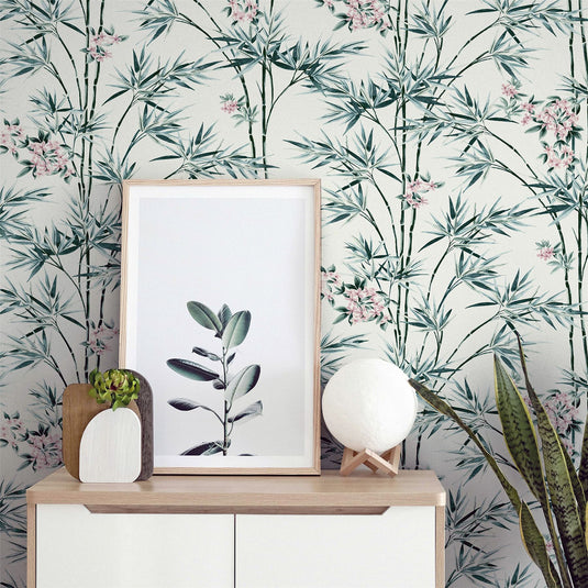 Bamboo & Blossom White Wallpaper