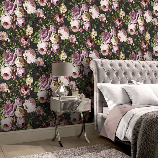 Tapestry Floral Charcoal/Pink Wallpaper