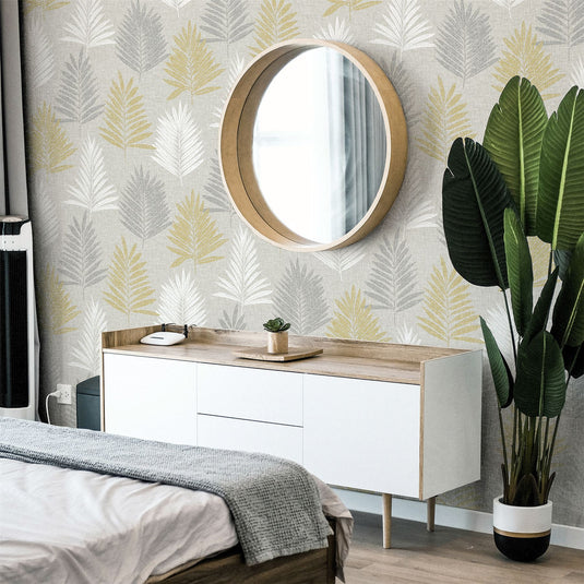 Linen Palm Ochre/Grey Wallpaper