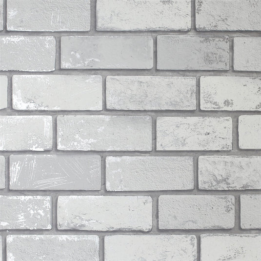 Metallic Brick White/Silver Wallpaper