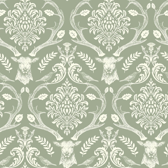 Stag Damask Sage Green Wallpaper