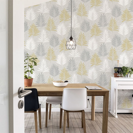 Linen Palm Ochre/Grey Wallpaper