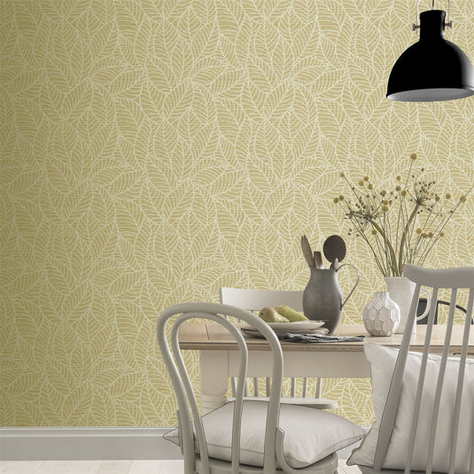 Leaf Lines Ochre Wallpaper