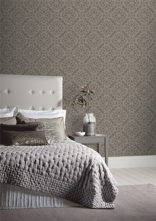 Ornate Motif Charcoal/Rose Gold Wallpaper