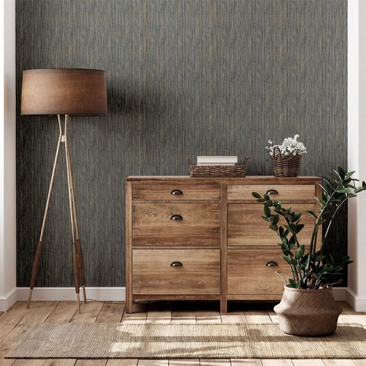 Japandi Grasscloth Navy Gold Wallpaper