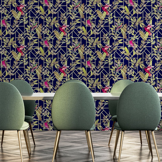 Deco Tropical Navy/Gold Wallpaper