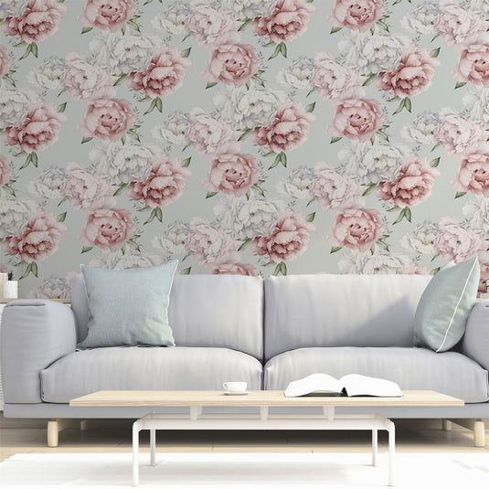 Mixed Peonies Mint Wallpaper